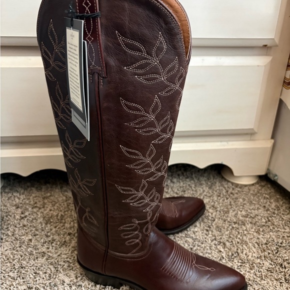 Lucchese Shoes - Lucchese Brown Leather Tall Western Boots with Embroidery